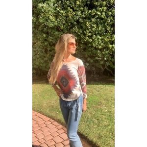 Aztec, geometrical, southwest design on cream top 3/4 sleeves